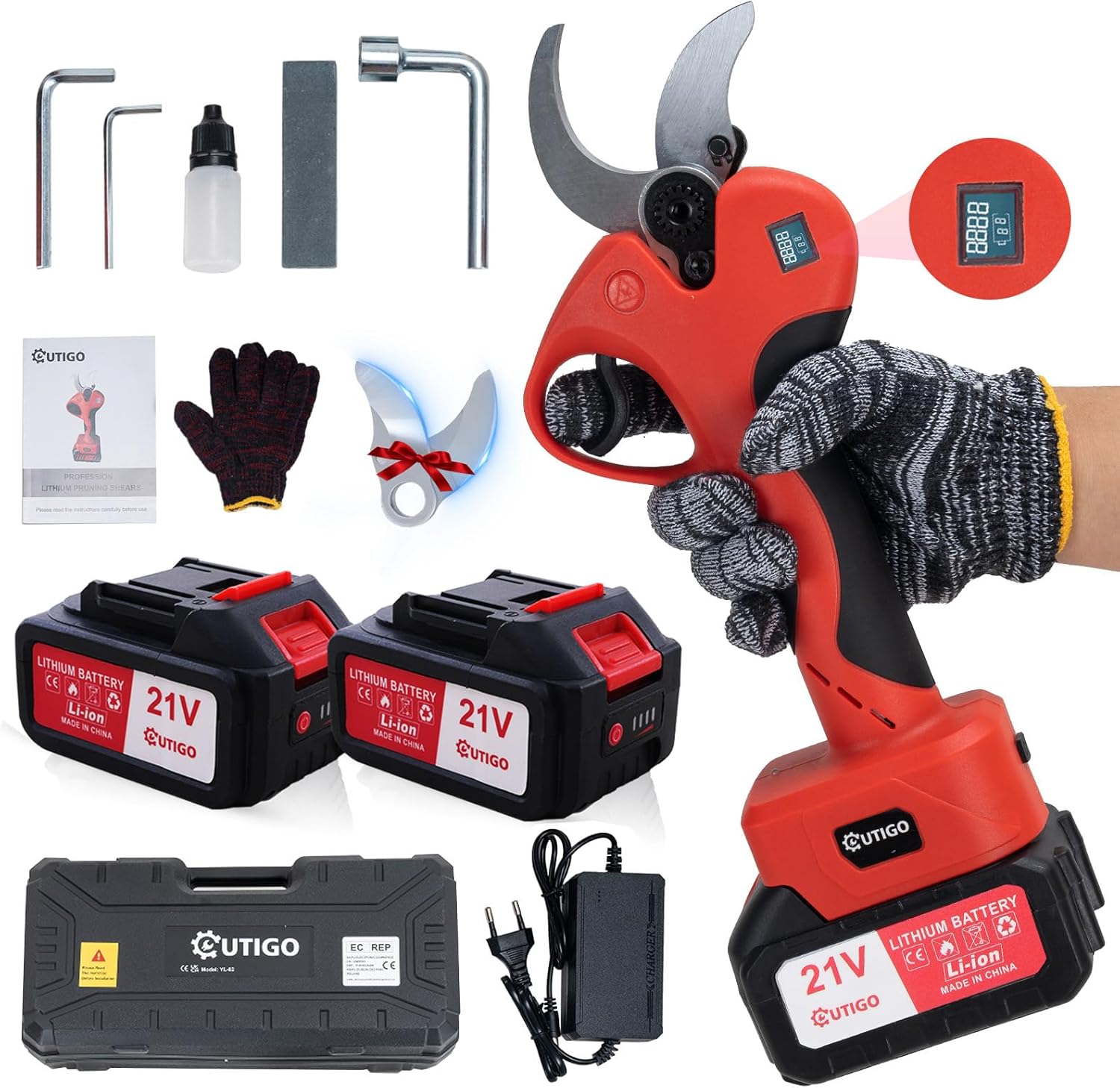OUTIGO tijeras de podar eléctricas 40mm con motor brushless 800W, cuchillas SK7 y kit completo de accesorios