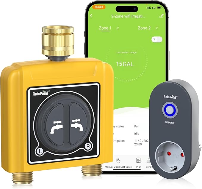 RAINPOINT programador riego WiFi 2 salidas control app voz Alexa Google Home entrada salida latón