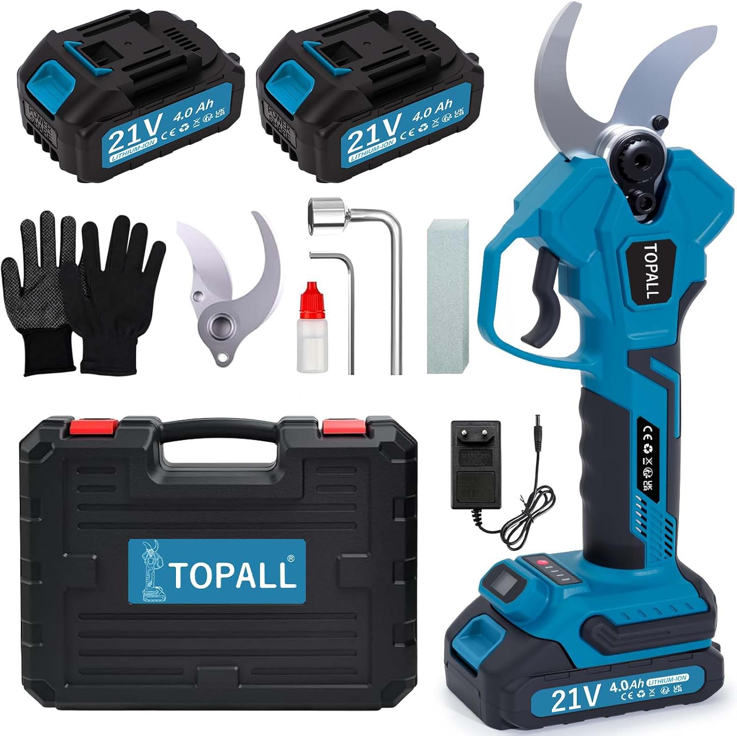 TOPALL tijeras de podar eléctricas 40mm con motor brushless 800W y kit completo de accesorios